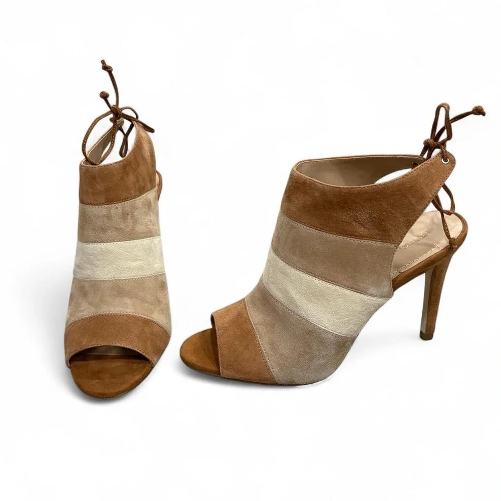 $120 BCBGeneration Meirin Brown/Tan Colorblock Open Toe Tie Heels Suede Leather
